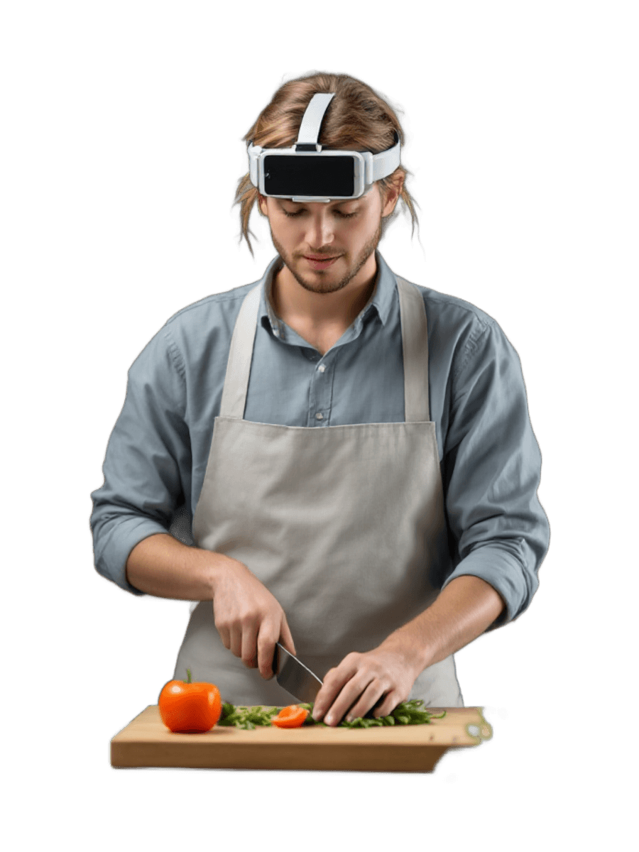 person filming chores with head-mounted phone